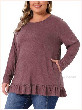 Plus Size Tunic Top Crew Neck Long Sleeve Ruffled Hem Flowy Shirt with Pockets